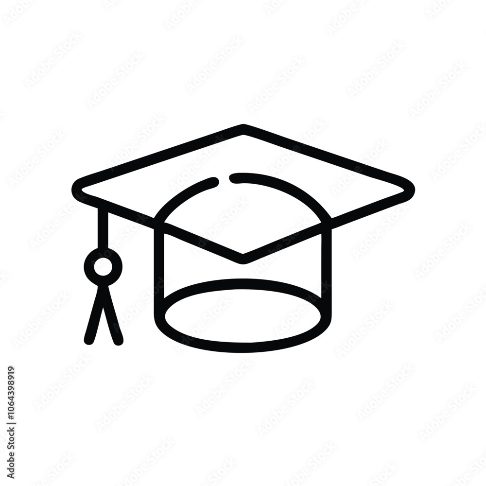 Minimalist Graduation Cap Icon in Black Outline, Simple black outline icon of a graduation cap with tassel, symbolizing education, academic achievement, and graduation ceremonies.
