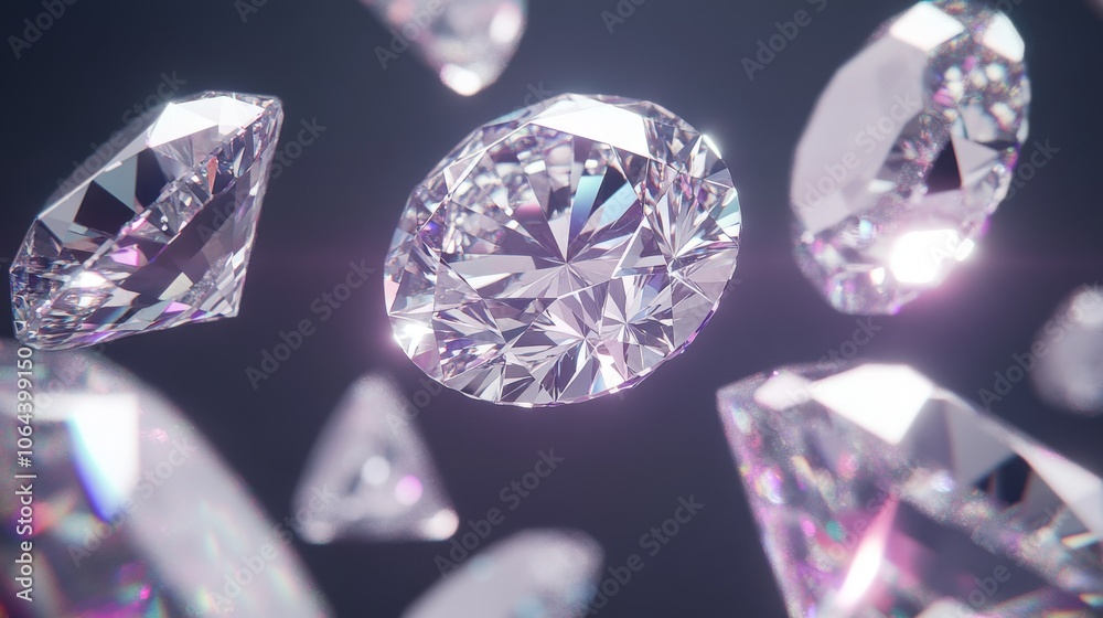 hyperrealistic 3d render, brilliant cut diamonds floating in zero gravity, central large diamond in sharp focus, surrounding smaller diamonds blurred, dark gradient background, dramatic studio hyperrealistic 3d render, brilliant cut diamonds floating in zero gravity, central large diamond in sharp focus, surrounding smaller diamonds blurred, dark gradient background, dramatic studio
