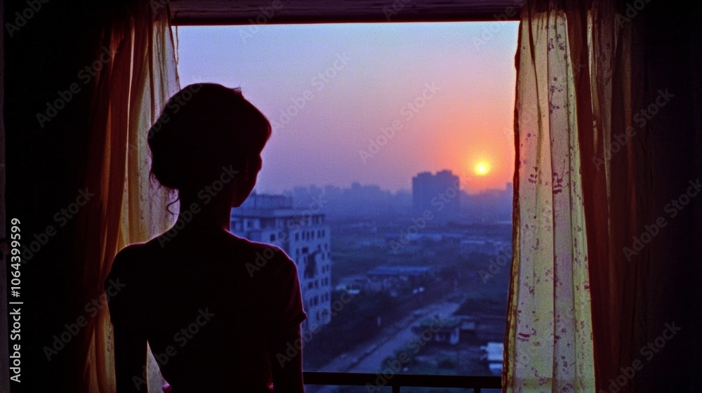 Silhouette of woman by window at sunset Silhouette of woman by window at sunset