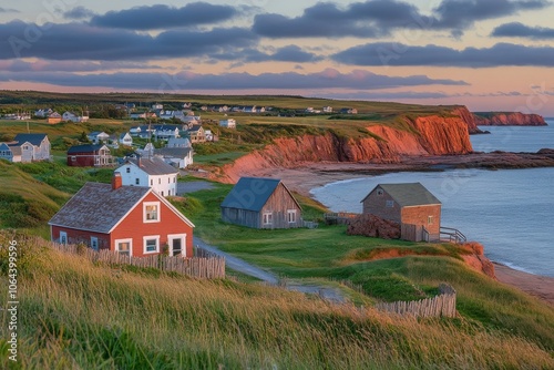 Warm Sunset Over Fishing Villages by the Cliffside photo