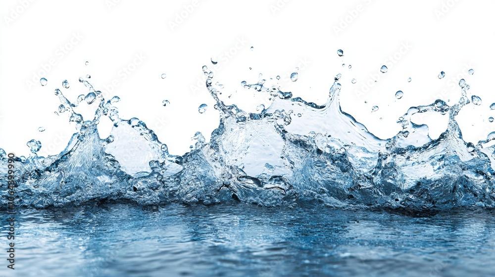 Water splash isolated on white background, creating dynamic and refreshing motion with clear liquid drops, perfect for visuals on cleanliness, freshness, and natural elements in high-impact digital ar Water splash isolated on white background, creating dynamic and refreshing motion with clear liquid drops, perfect for visuals on cleanliness, freshness, and natural elements in high-impact digital ar