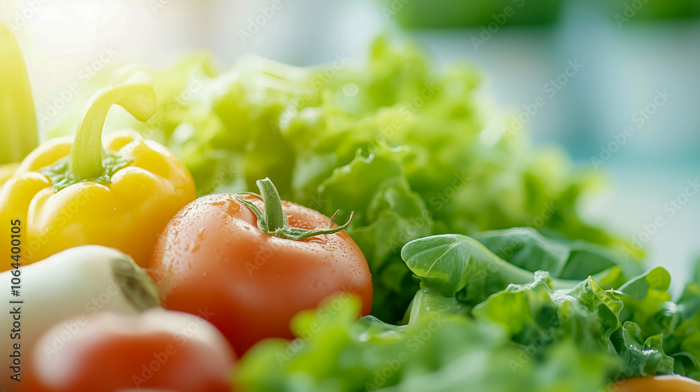 Array of colorful fresh vegetables focus on, healthy living, surreal, blend mode, kitchen counter Array of colorful fresh vegetables focus on, healthy living, surreal, blend mode, kitchen counter