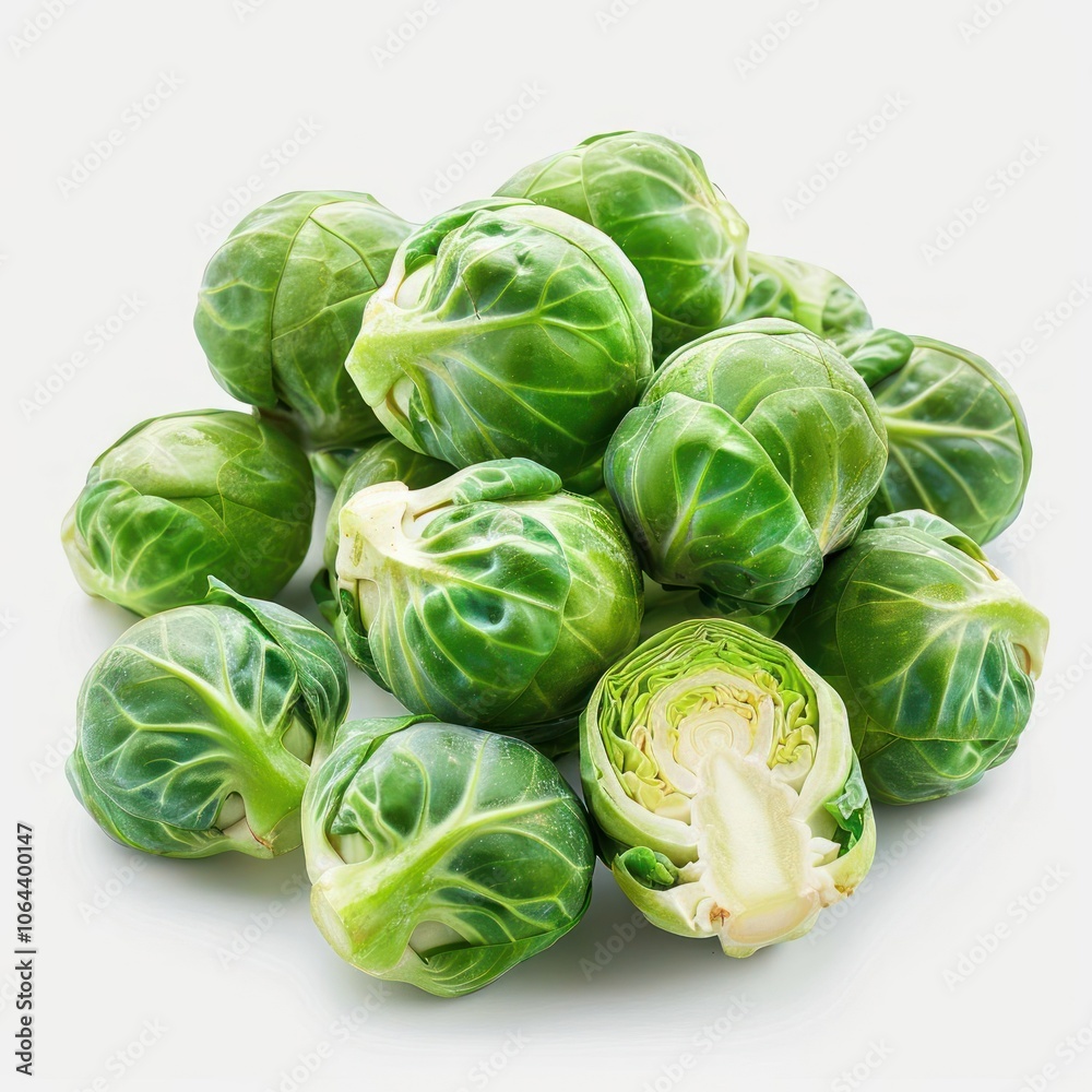Fototapeta premium Green and white cluster of brussel sprout buds ready to be harvested.