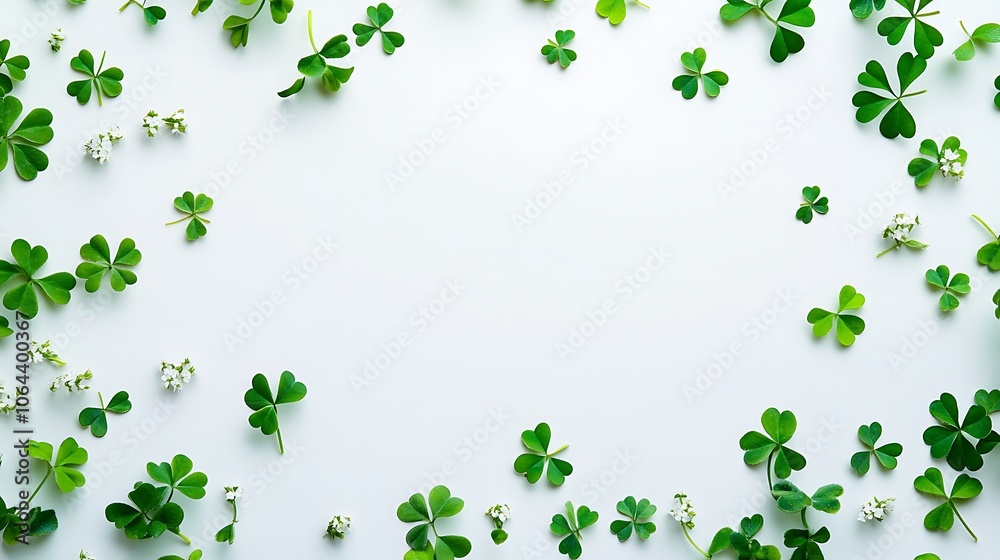 Green Clover Leaves and White Flowers on a White Background Green Clover Leaves and White Flowers on a White Background