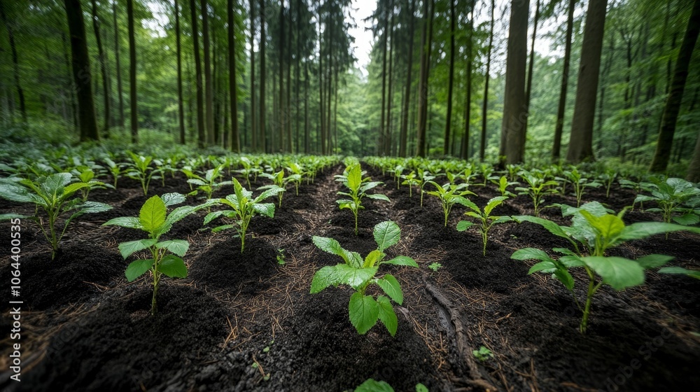 Young plants growing in a forest setting Young plants growing in a forest setting