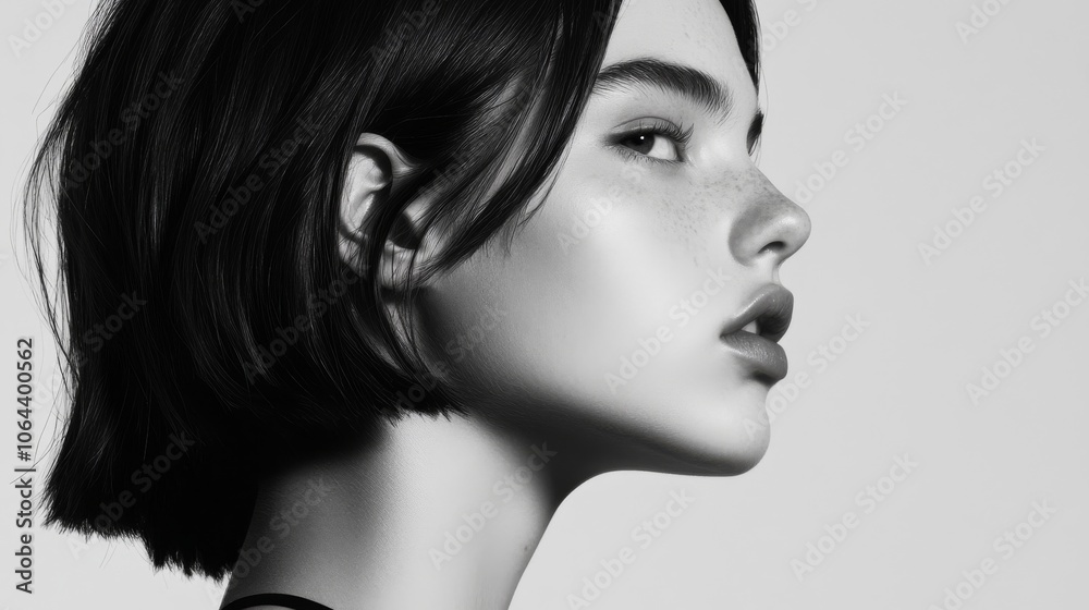 refined side view of model, defined nose and lips, subtle highlights in hair, thin strap visible, clean backdrop, high-fashion editorial style refined side view of model, defined nose and lips, subtle highlights in hair, thin strap visible, clean backdrop, high-fashion editorial style