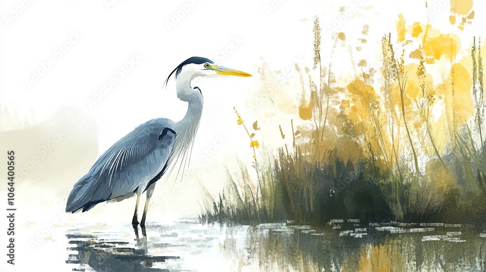 Naklejka premium Elegant wild heron standing by a tranquil river in summer, surrounded by lush greenery and reflecting calm waters in a scenic natural habitat – perfect wildlife photography of a graceful bird in prist