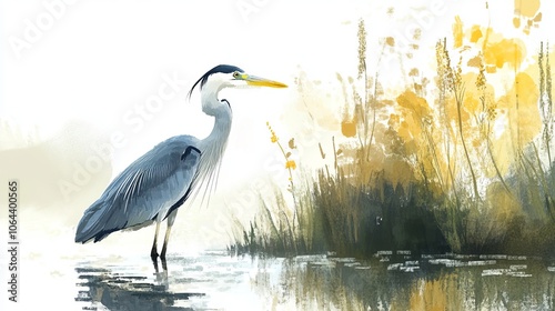 Elegant wild heron standing by a tranquil river in summer, surrounded by lush greenery and reflecting calm waters in a scenic natural habitat – perfect wildlife photography of a graceful bird in prist