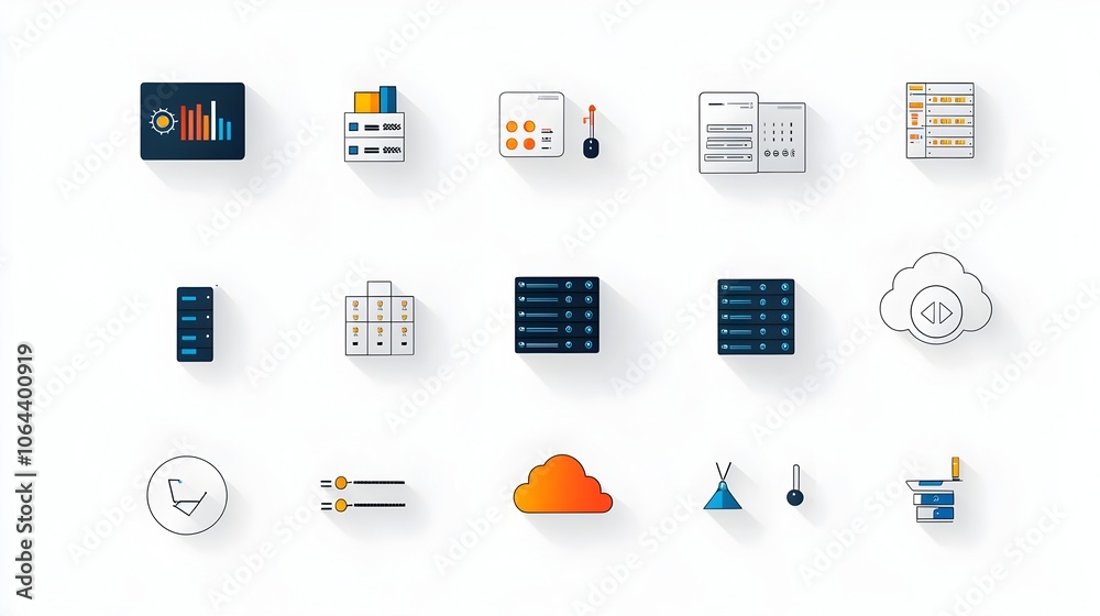 Simplistic line icons depicting various web hosting and cloud computing elements such as domain data exchange servers and other technology symbols on a white background Simplistic line icons depicting various web hosting and cloud computing elements such as domain data exchange servers and other technology symbols on a white background