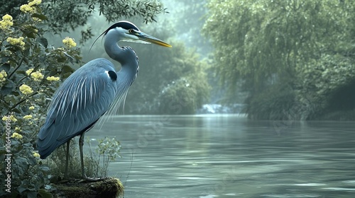 Elegant wild heron standing by a tranquil river in summer, surrounded by lush greenery and reflecting calm waters in a scenic natural habitat – perfect wildlife photography of a graceful bird in prist photo