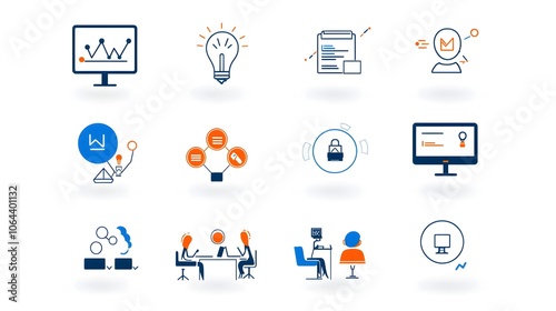 Set of line style icons representing various elements and symbols related to live meetings including conference work team and discussion themes