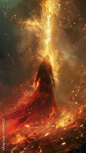 Mystical Figure Emerging from Fire: A Surreal and Powerful Artwork