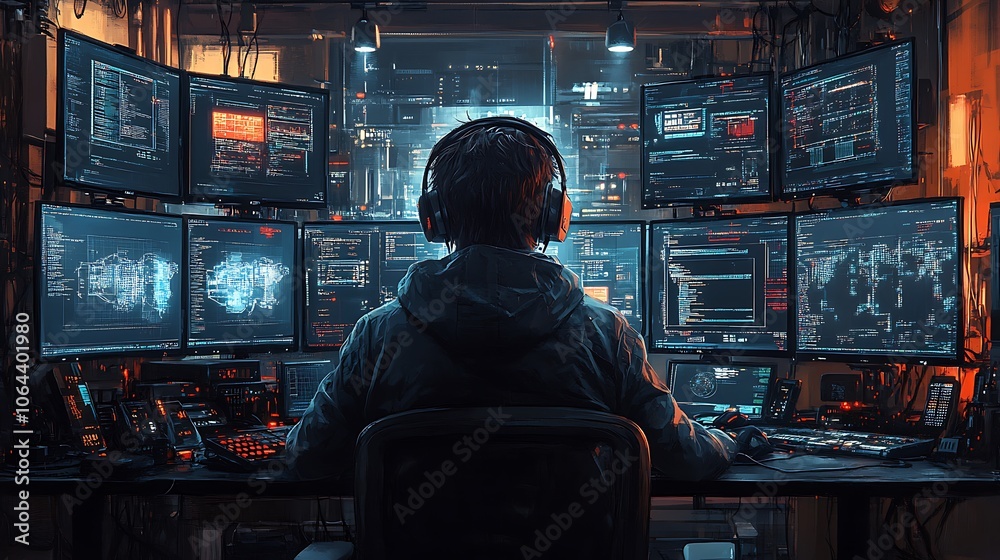 A hacker sits in front of multiple computer screens, with a world map and code visible. A hacker sits in front of multiple computer screens, with a world map and code visible.