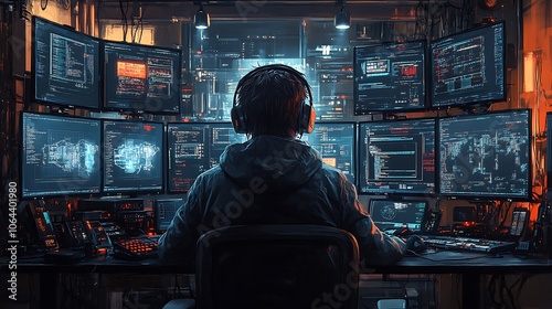 A hacker sits in front of multiple computer screens, with a world map and code visible.