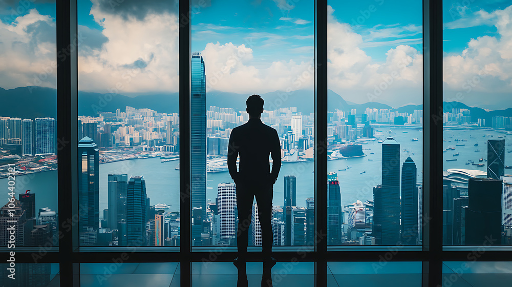 A man stands in front of a window looking out at the city A man stands in front of a window looking out at the city