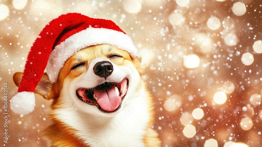 Happy dog sitting cheerfully in front of a festive Christmas background, surrounded by holiday decorations, embodying the joy and warmth of the holiday season. Happy dog sitting cheerfully in front of a festive Christmas background, surrounded by holiday decorations, embodying the joy and warmth of the holiday season.