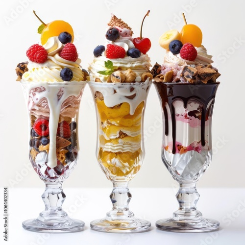 A vibrant assortment of colorful desserts in three glasses, ready to be enjoyed. photo