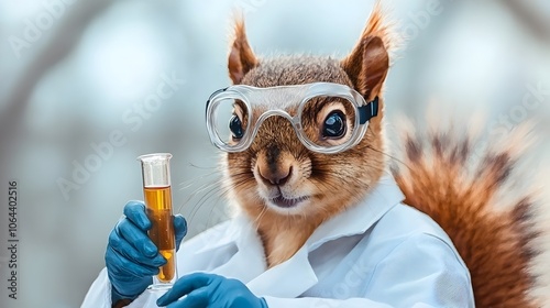 Adorable and whimsical squirrel wearing a scientist s lab coat and goggles holding a test tube painted in watercolor on a white background photo