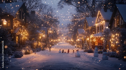 A snowy street lined with houses decorated for the season, each with unique lights and ornaments, children building snowmen and enjoying the festive spirit