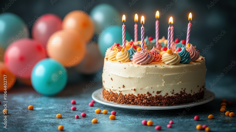 A family celebrating a child's birthday with a cake and colorful balloons. A family celebrating a child's birthday with a cake and colorful balloons.
