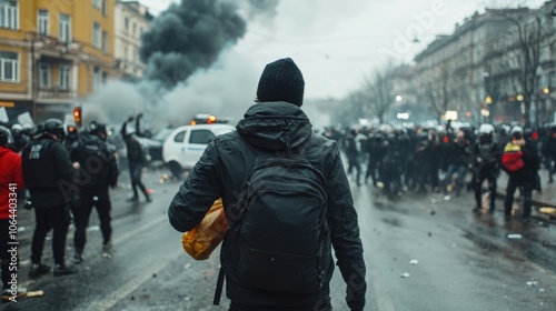 Urban chaos - riots with protesters clashing in city streets amid fire and smoke, depicting scene of emergency, violence, with police controlling situation during a major upheaval. photo