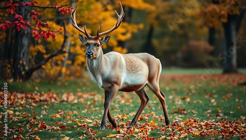 A Reindeer’s Graceful Stride Through a Tapestry of Fall Leaves photo