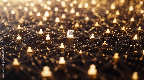 A network of glowing human figures interconnected by lines, with a small clipboard icon at the center.