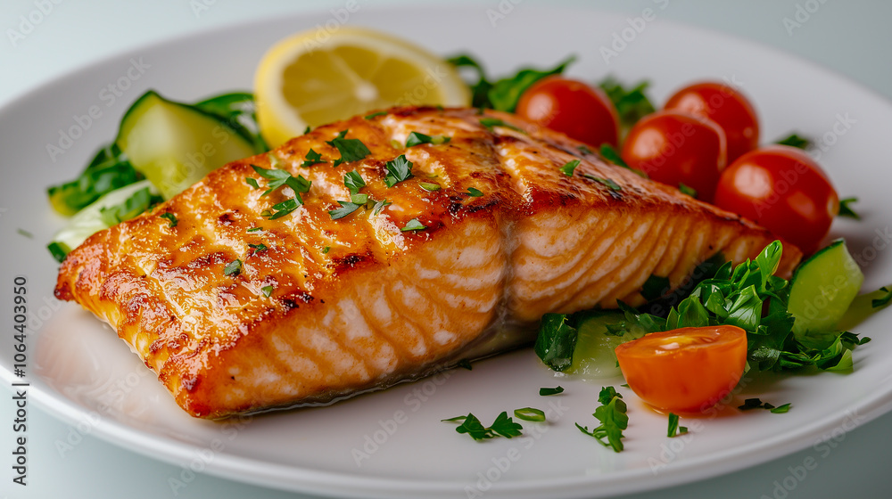 Baked Fried Salmon with fresh vegetables salad, tomatoes cherry, onion, Concept keto diet healthy food. Dinner idea Baked Fried Salmon with fresh vegetables salad, tomatoes cherry, onion, Concept keto diet healthy food. Dinner idea