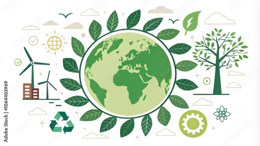 Eco-Friendly Concept with Green Leaves and Nature Icons Eco-Friendly Concept with Green Leaves and Nature Icons