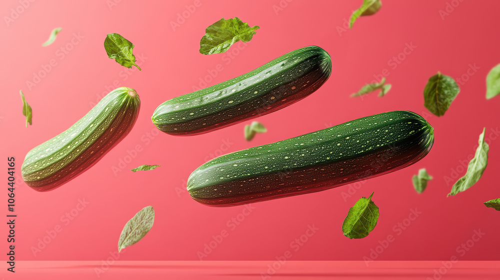 Three cucumbers are flying through the air with green leaves. The cucumbers are surrounded by a red background Three cucumbers are flying through the air with green leaves. The cucumbers are surrounded by a red background
