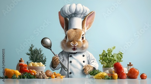 Whimsical of a rabbit wearing a chef s uniform with a tall hat holding a mixing spoon set against a plain white background in a light watercolor painting style photo