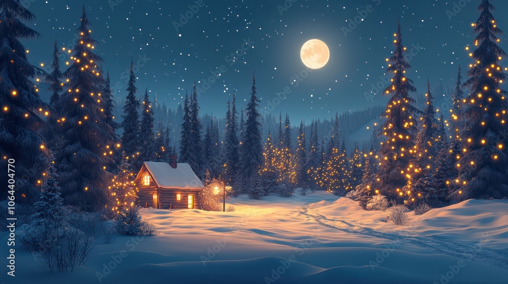 An enchanting winter forest scene, with trees draped in sparkling lights, a small cabin peeking through the snow, and the moon shining brightly above An enchanting winter forest scene, with trees draped in sparkling lights, a small cabin peeking through the snow, and the moon shining brightly above