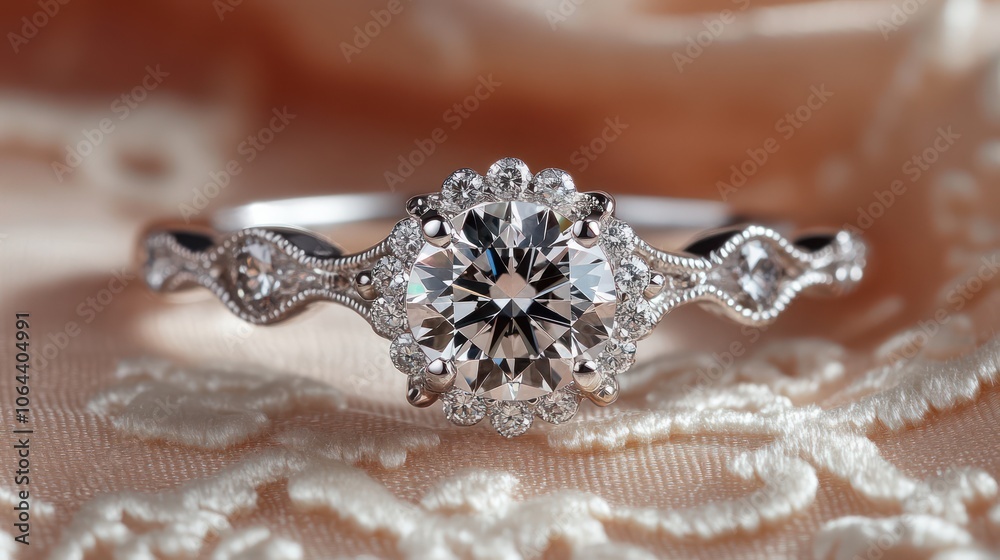 diamond ring on a delicate lace fabric, capturing a vintage-inspired aesthetic diamond ring on a delicate lace fabric, capturing a vintage-inspired aesthetic