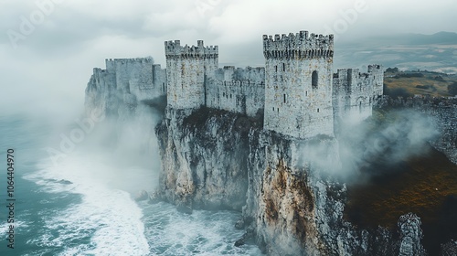 A majestic, ancient castle perches atop a cliff overlooking a turbulent ocean, shrouded in mist.