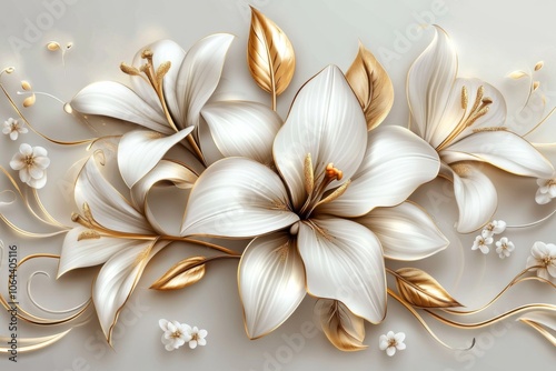 Gorgeous Stucco Lilies in Full Bloom Amid Golden Leaves and Buds on Bright Background
