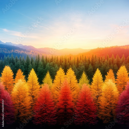 A stunning landscape of autumn trees illuminated by sunrise in vibrant colors: rich reds, golden yellows, and lush greens.