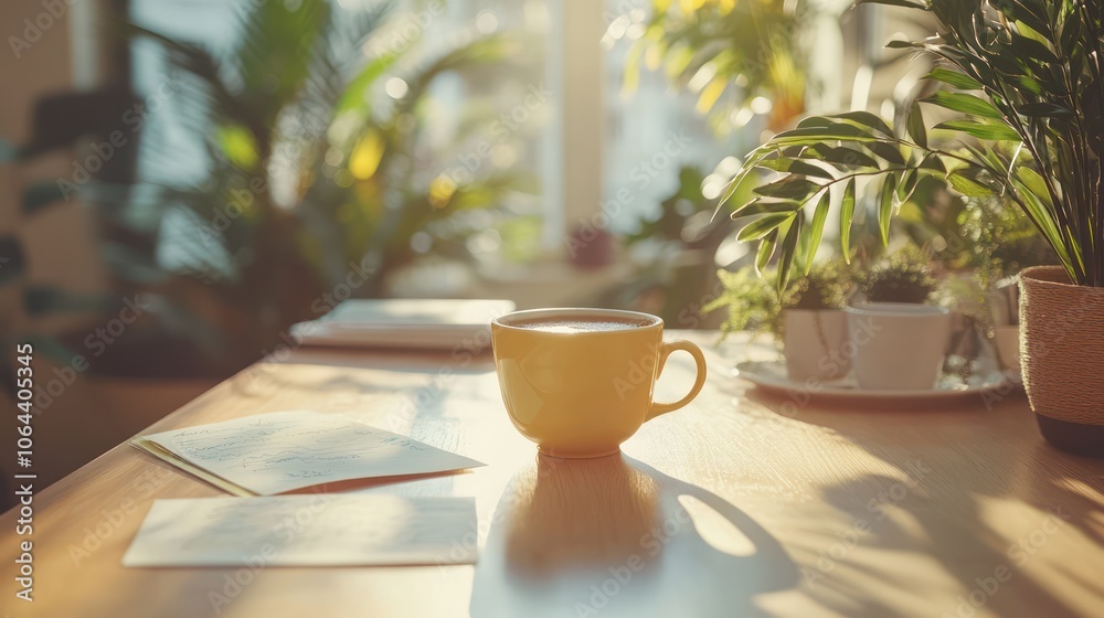 Elegant office desk with notes and a motivational coffee cup, soft lighting Elegant office desk with notes and a motivational coffee cup, soft lighting