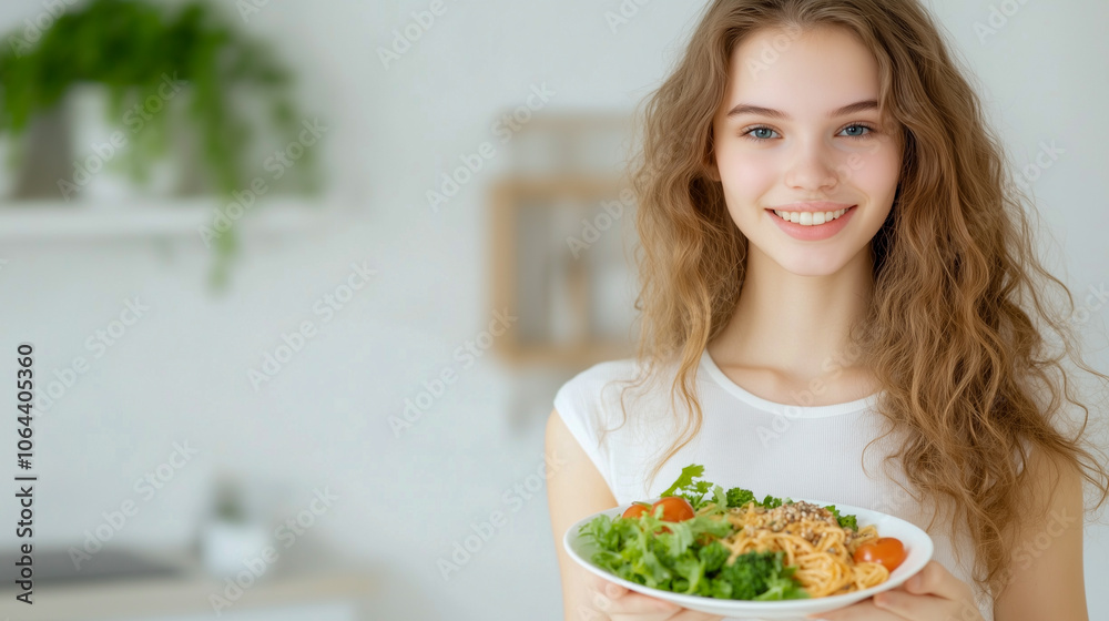 Beautiful smiling woman eating healthy while looking at camera at home Beautiful smiling woman eating healthy while looking at camera at home