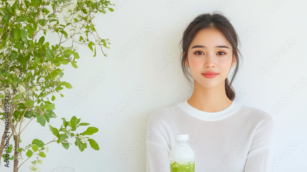 Beautiful woman sitting with drinks and healthy green food at home. Vegan meal and detox concept Beautiful woman sitting with drinks and healthy green food at home. Vegan meal and detox concept