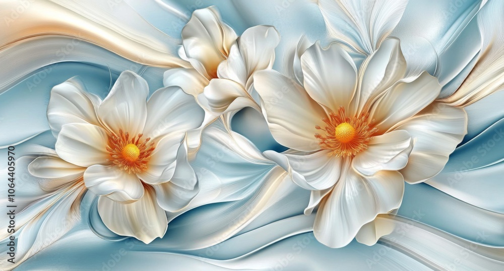 Three abstract botanical wall art panels in blue and orange featuring translucent flowers for.