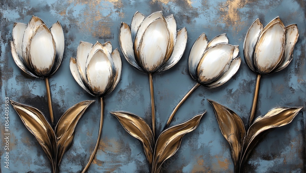 Vivid red tulips in a captivating painting set against a striking blue backdrop