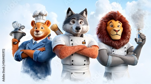 Whimsical and imaginative watercolor painting depicting a creative team of animal characters in various roles a wolf as a pilot a bear as a chef and a lion as a scientist photo