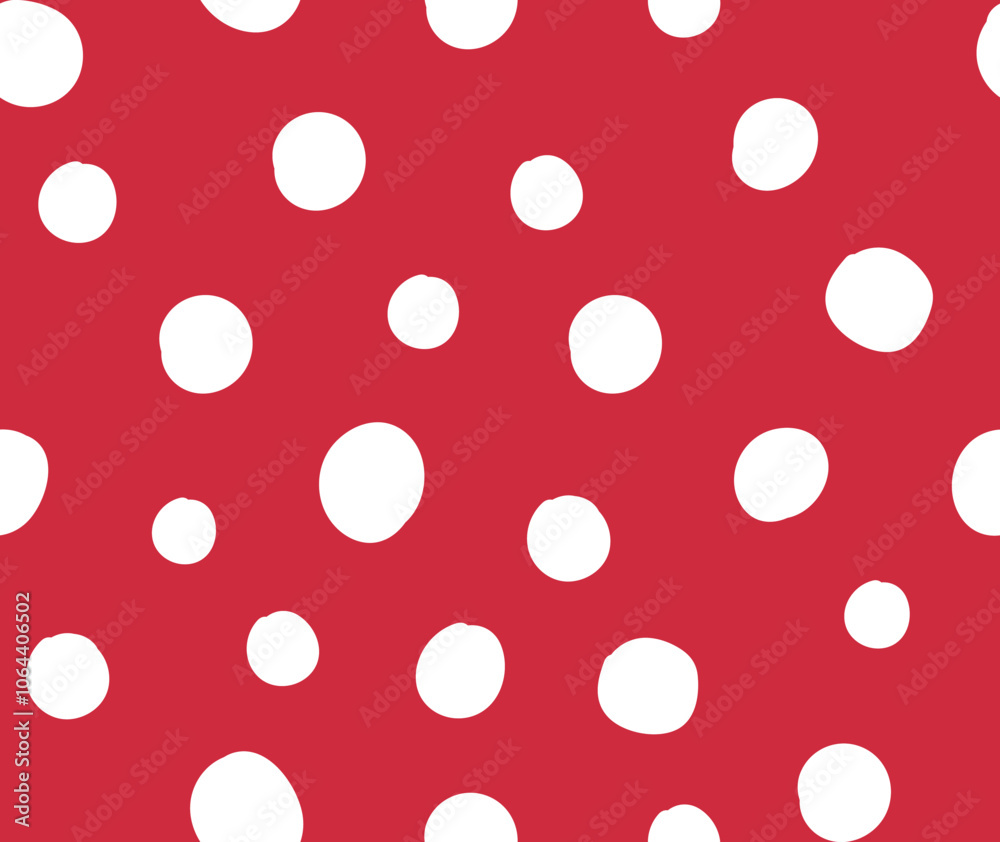 Seamless vector repeat pattern with hand drawn irregular white polka dots on red, amanita muscari mushroom print. Simple versatile playful backdrop Valentines day, cottagecore, farmhouse, Christmas Seamless vector repeat pattern with hand drawn irregular white polka dots on red, amanita muscari mushroom print. Simple versatile playful backdrop Valentines day, cottagecore, farmhouse, Christmas