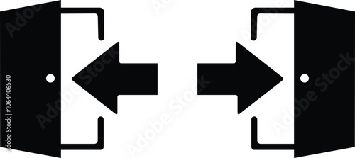 black and white arrows on white background open door with exit sign, arrow symbol indicating direction, white background, concept