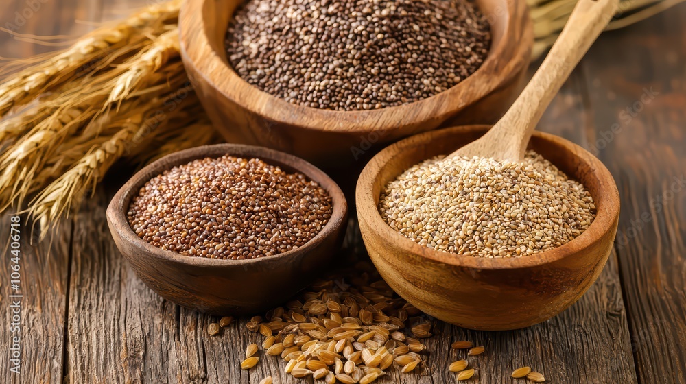 Quinoa Varieties: Red, White & Black Grains in Wooden Bowls Quinoa Varieties: Red, White & Black Grains in Wooden Bowls