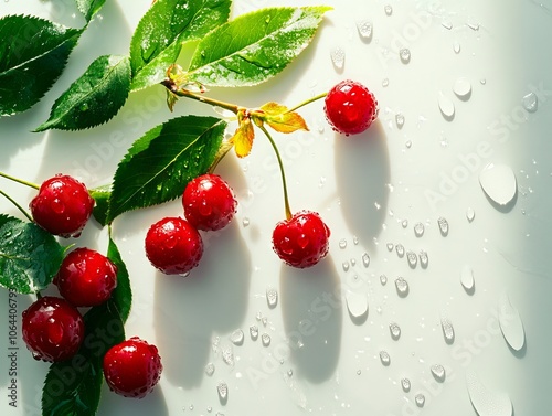 A bunch of cherries with leaves and water droplets on a white surface