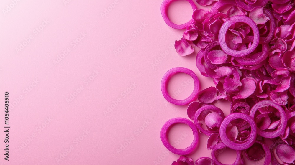 Explore the vibrant layers of crisp red onion rings on pink background Explore the vibrant layers of crisp red onion rings on pink background