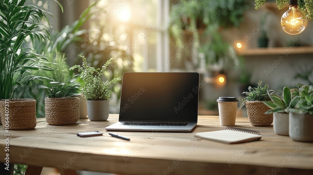 A home office desk with a sleek laptop, pen, notebook, and coffee cup. A home office desk with a sleek laptop, pen, notebook, and coffee cup.
