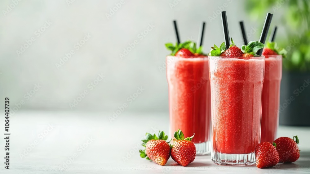 Refreshing Strawberry Smoothies in Tall Glasses Refreshing Strawberry Smoothies in Tall Glasses