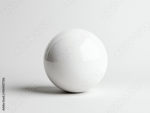 A glossy white sphere resting on a smooth surface, with soft shadows creating a minimalistic and elegant look. Perfect for use in modern design and creative projects.